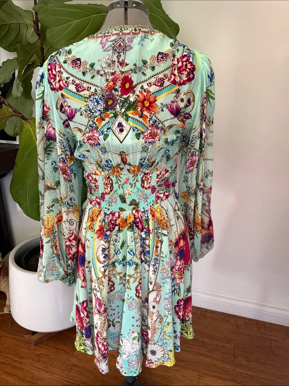 Camilla Brand Floral V-Neck Long Sleeve Mini Dress with Beading. - Picture 2 of 9